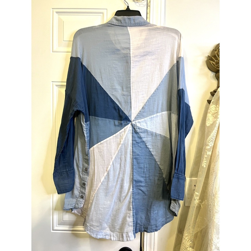 Free People Patchwork Rainbow Rays Pinwheel Oversized Tunic Top Blue Colorblock